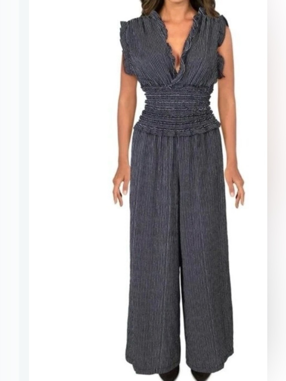 Max Studio Charcoal-Striped Smocked Waist Wide-Leg Jumpsuit